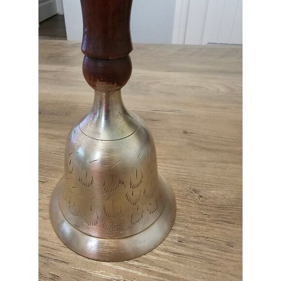 Vintage Brass Wood Hand Bell Etched Feather MCM Classic Collectible India 8.5" - Picture 7 of 12
